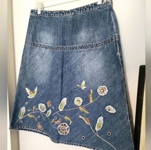 Vintage Embroidered Cotton Denim A-Lined  Skirt by Eiyier